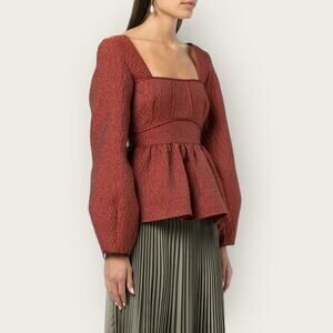 NWT | Jonathan Simkhai | Arya Matelasse Effect Peplum Blouse | Brick | Size 6